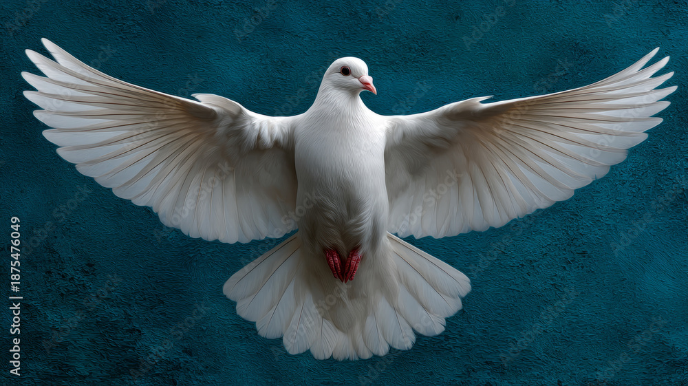 Obraz premium White dove in flight on a blue textured background