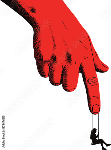 Conceptual illustration of a large red hand holding a small person on a swing for support guidance and protection metaphors