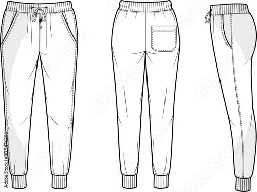 Technical jogger pants vector illustration showing front, back, and side views, casual fashion flat sketch for activewear apparel design