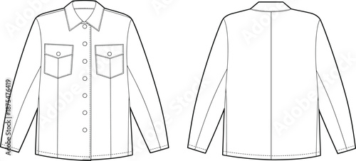 Technical denim shirt jacket vector illustration showing front and back views, fashion flat sketch for apparel design production