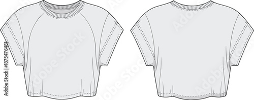 Technical cropped t shirt vector illustration showing front and back views, casual fashion flat sketch for modern apparel design