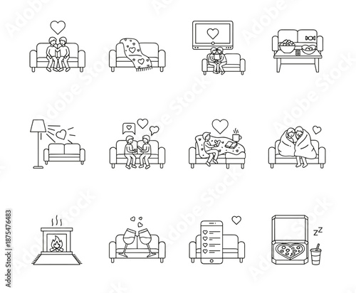 Cozy and Romantic Indoor Activities Line Icons Set