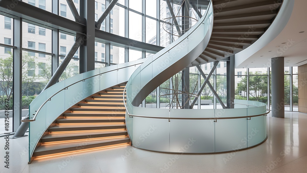 Fototapeta premium Modern architecture interior of an urban business building featuring a sleek glass and steel staircase with metal steps designed for a city office hall or airport entrance corridor