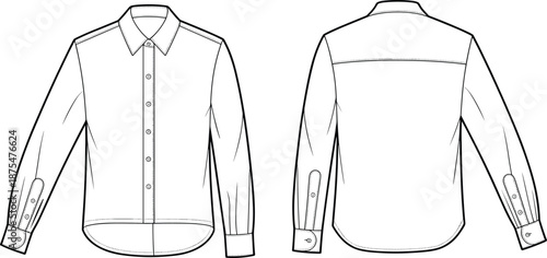 Technical button down shirt vector illustration showing front and back views, classic fashion flat sketch for apparel design production