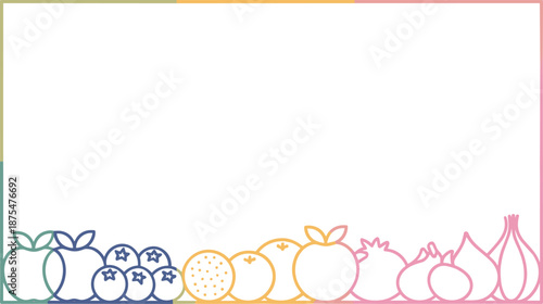 Minimal fruit and vegetable rectangular frame illustration with colorful gradient outline healthy organic food border clean design