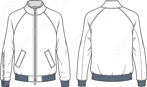 Technical bomber jacket vector illustration showing front and back views with zipper, ribbed cuffs, fashion flat sketch design