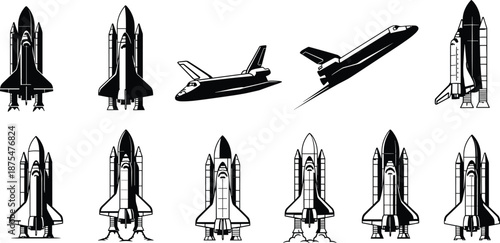 Space shuttle silhouettes vector illustration set showing launch, landing, and flight views, reusable spacecraft icons for aerospace science and technology design
