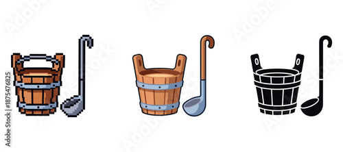 Pixel art and monochrome wooden buckets with metal ladles
