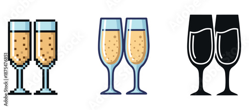 Pixelated and illustrated champagne glasses icon set