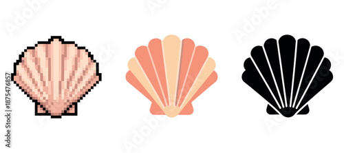 Evolution of seashell icon: pixelated, flat, silhouette designs on white background
