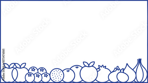 Minimal fruit and vegetable rectangular frame illustration with colorful gradient outline healthy organic food border clean design