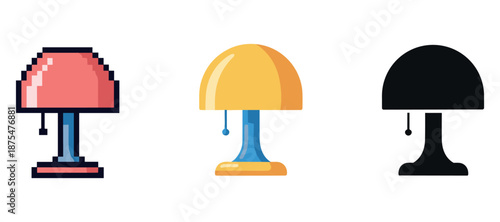 Pixelated, flat, and silhouette table lamps on white background