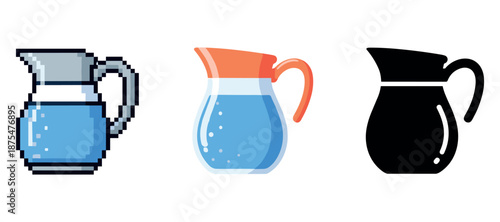 Pixel, cartoon, and silhouette style water jugs with handles on white background