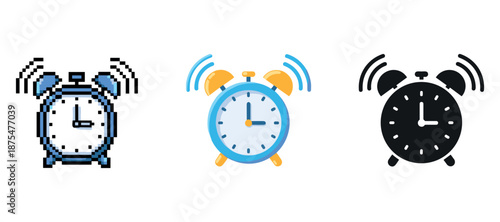 Three alarm clock icons: pixelated, colorful, and silhouette styles depicted