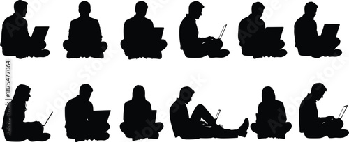 People using laptops silhouette set isolated on white background remote work study technology concept freelance education digital lifestyle