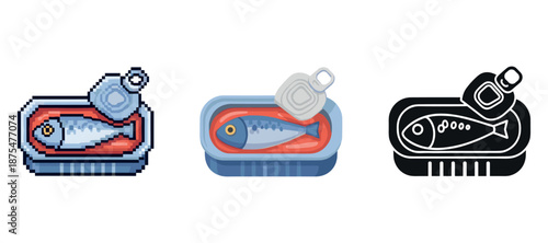 Retro pixel art and modern icon styles of fish in tins
