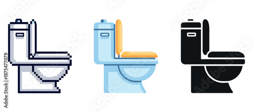Three toilets design: pixel art, flat style, solid black