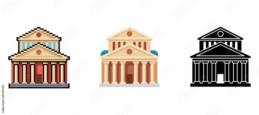 Fototapeta premium Three styles of classical temple architecture: pixel, vector, monochrome designs