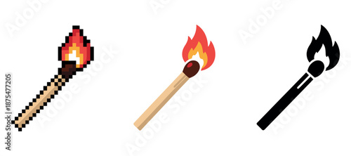 Pixelated, vector, and silhouette matchstick designs with flames