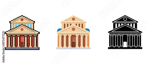 Three styles of classical temple architecture: pixel, vector, monochrome designs