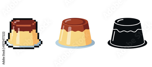 Pixelated, flat, and silhouette styles of chocolate pudding on plates