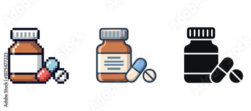 Pixel art and flat design medicine bottles and pills icon set