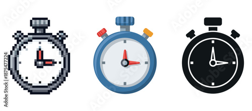 Pixelated, modern, and minimalist stopwatch designs on white background