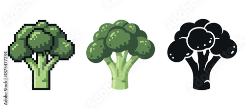 Pixel, realistic, and silhouette styles of broccoli illustrations