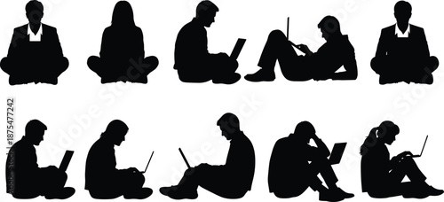 People using laptops silhouette collection isolated on white background remote work online study freelance business technology digital lifestyle concept