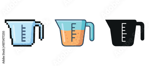 Set of measuring cups in pixel, pastel, and silhouette styles