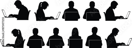 People using laptops silhouette set isolated on white background remote work online study business technology freelance digital lifestyle concept