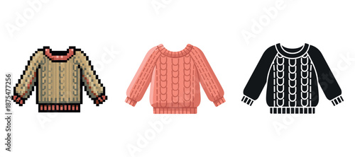 Colorful sweaters: pixel art, cable knit, monochrome designs