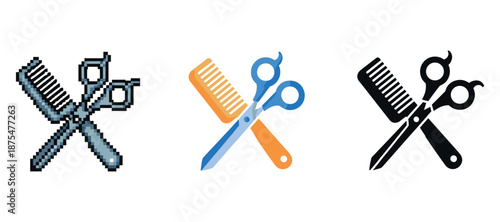 Pixelated, colored, and silhouette scissors with comb icons