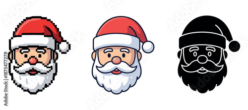 Santa claus cartoon faces: pixel, colorful, and silhouette variations