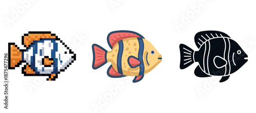 Colorful fish illustrations: pixel art, flat design, silhouette