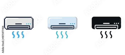 Set of air conditioner icons in various styles: pixelated, flat, silhouette
