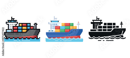 Colorful and silhouette cargo ships icons on white background