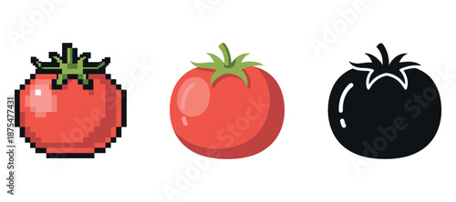 Three tomato icons: pixel art, classic, and silhouette designs