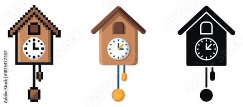 Set of three cuckoo clocks: pixel art, traditional, and silhouette designs
