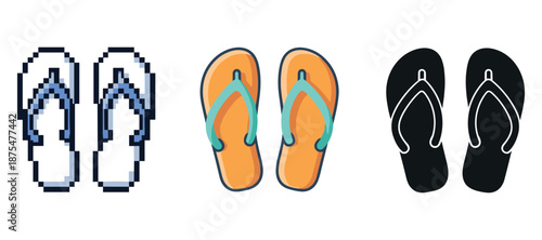 Pixel, colored, and silhouette flip-flops on white background