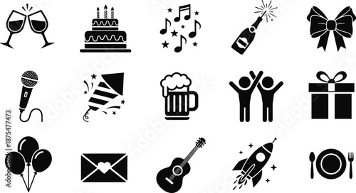 Party and celebration icons collection isolated on white background birthday music gifts drinks festival event entertainment vector symbols