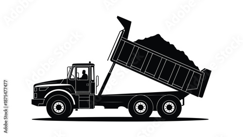Black silhouette of a dump truck unloading material