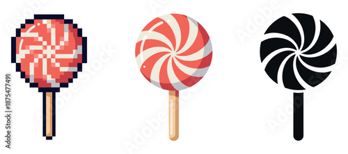 Variety of lollipop designs: pixel art, classic, and silhouette styles
