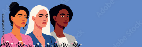 Vector horizontal banner with space for text for Women's Day, beautiful women, different cultures, nationalities standing together against, blue sky. Movements for gender equality, women's empowerment