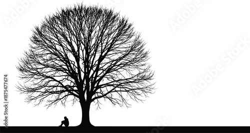 Lonely person sitting under large tree silhouette isolated on white background solitude nature meditation reflection minimal landscape concept
