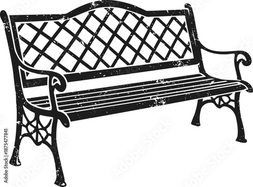 Vintage wrought iron park bench with lattice backrest and wooden slats