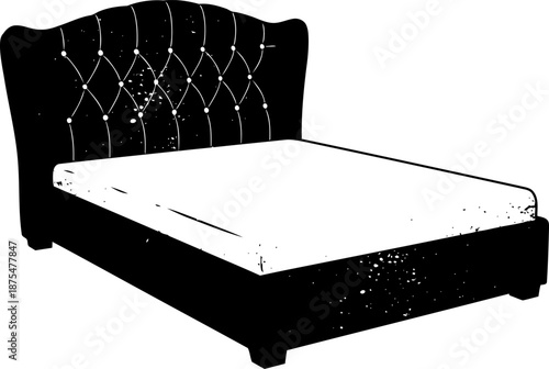 Classic tufted headboard bed with mattress, elegant bedroom furniture silhouette design