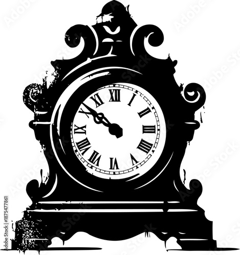 Vintage ornate clock with roman numerals and intricate carved details in black and white