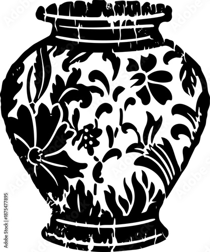 Decorative ceramic vase with floral patterns in black and white silhouette design
