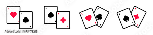 Playing card icon set. Gambling, card game, casino, poker concept. Hearts, spades, diamonds, clubs cards. Red, black and white sign, symbol. Editable stroke. Vector illustration. Flat design.